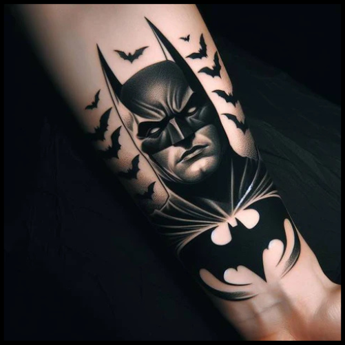 Shaded Batman Tattoo On Berserk With Swarms Of Bats