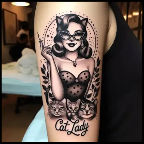 Shaded Catlady Pin-Up Tattoo