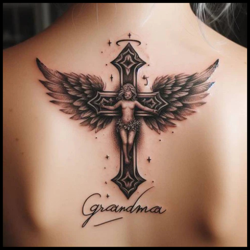 Shaded RIP Grandma Angel Tattoo