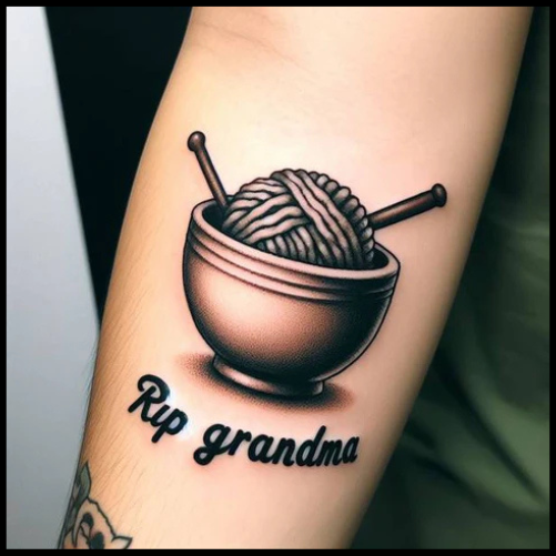 Shaded RIP Grandma Knitting Bowl Tattoo