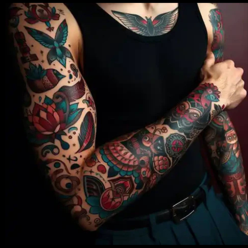 Stunning Patchwork Sleeve Tattoo With Multiple Motifs