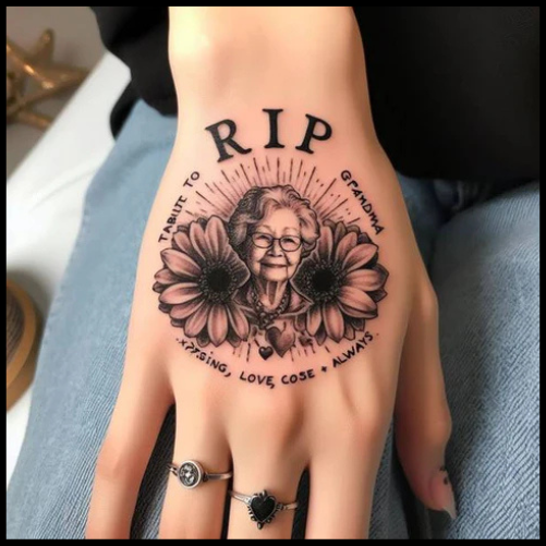 Subtle RIP Grandma Tattoo On Hand