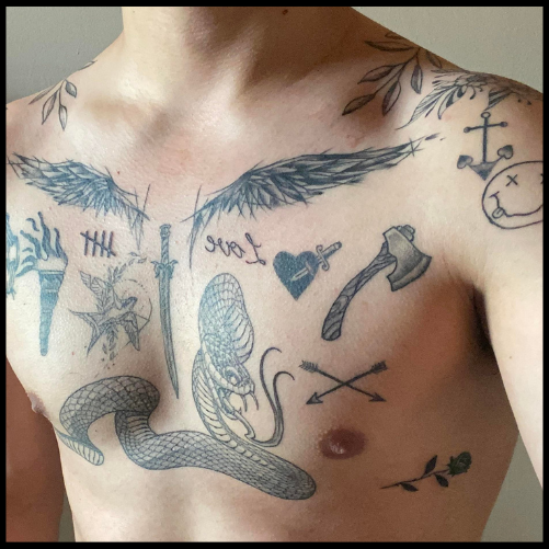 Terrifying Patchwork Chest Tattoo