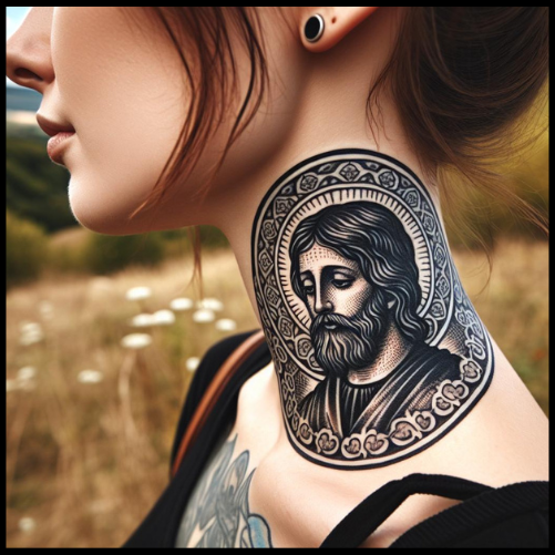 Theatrical San Judas Tattoo On Neck