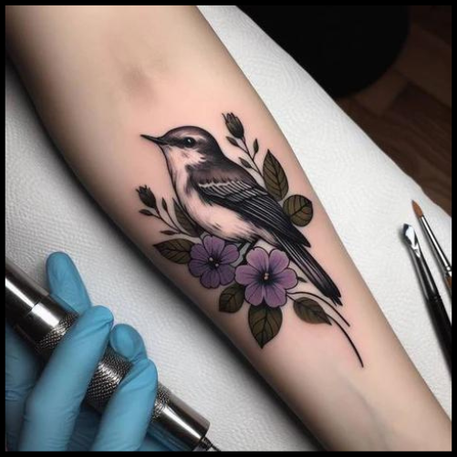 Violet Flower and Mockingbird Tattoo