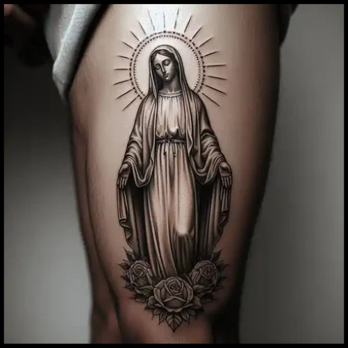 Virgin Mary Leg Tattoo