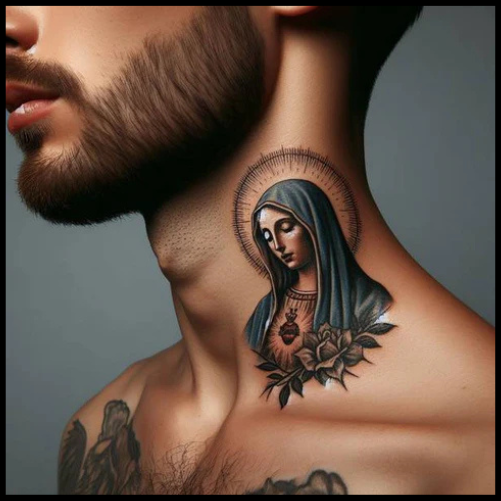 Virgin Mary Neck Tattoo
